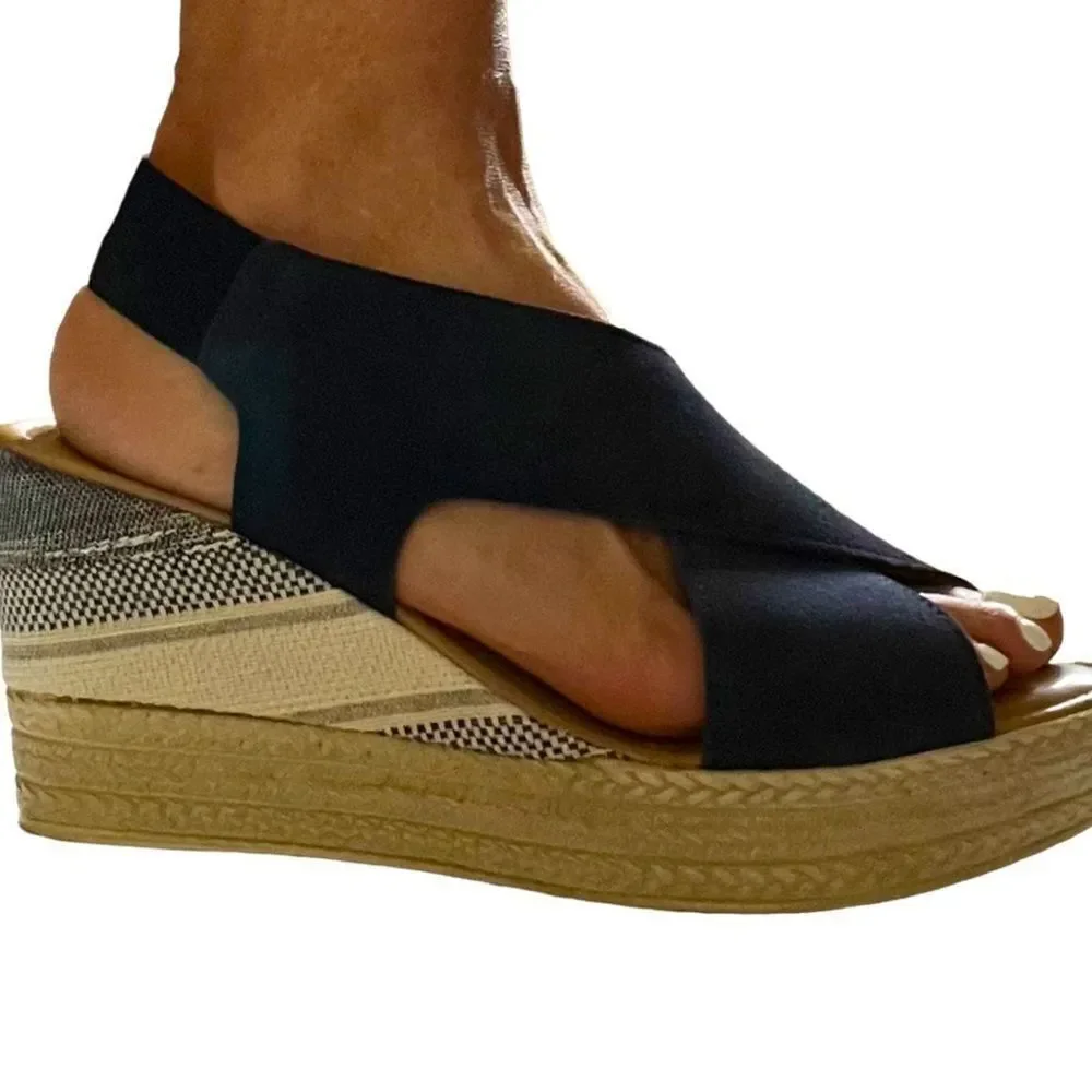BELLA ~ VITA Women’s Leather Suede Platform Wedge Open Toe Sandal Blue Size 10